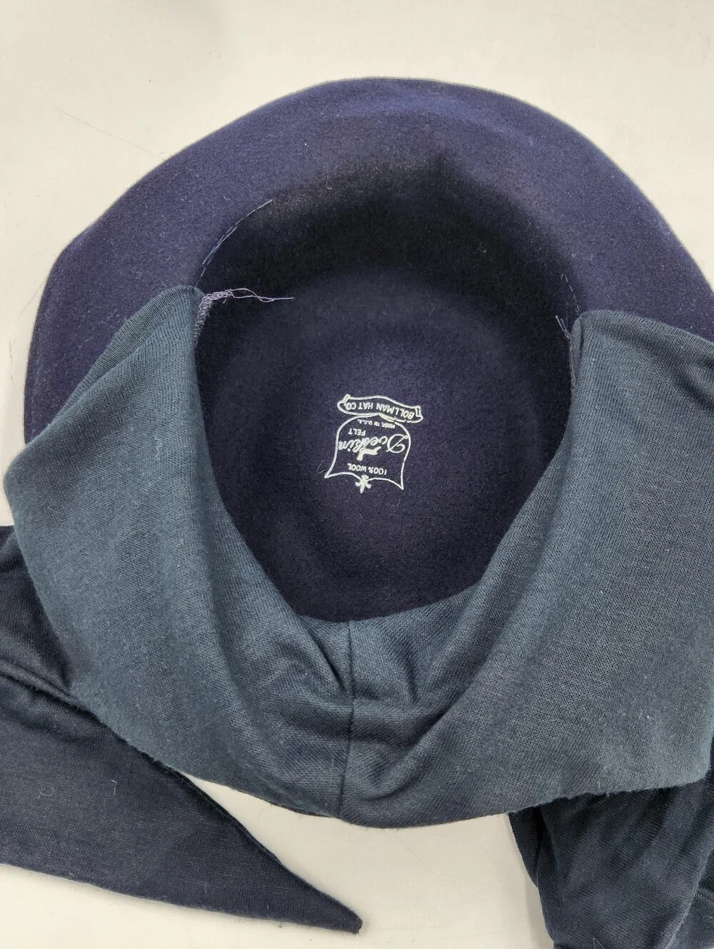 Bollman Wool Scarf Wrap Hat Navy Curled Brim Doeskin USA Mid Century Round